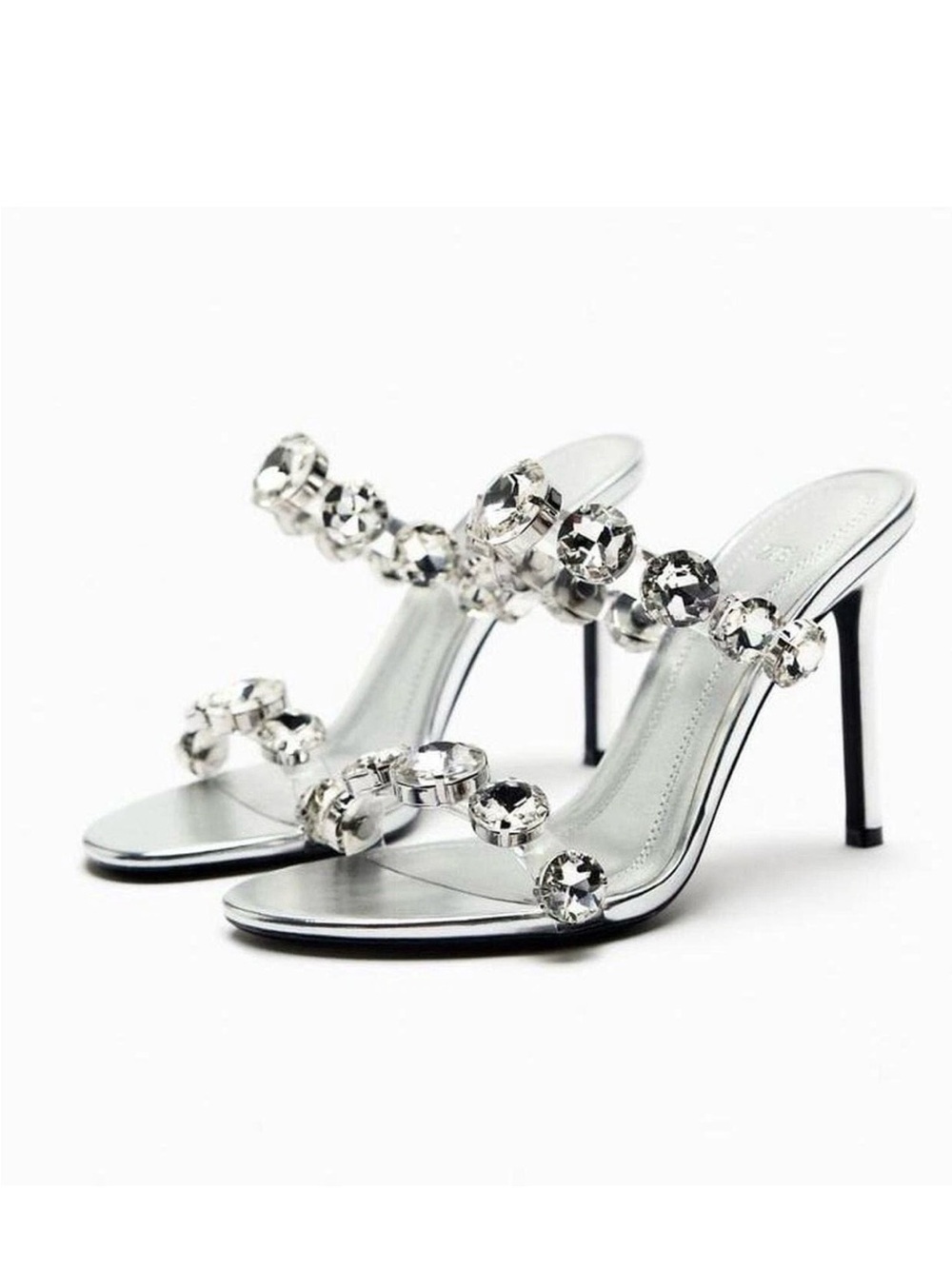Zara 7 Silver Crystal-Strap High Heel Mules Bridal Party Rhinestones